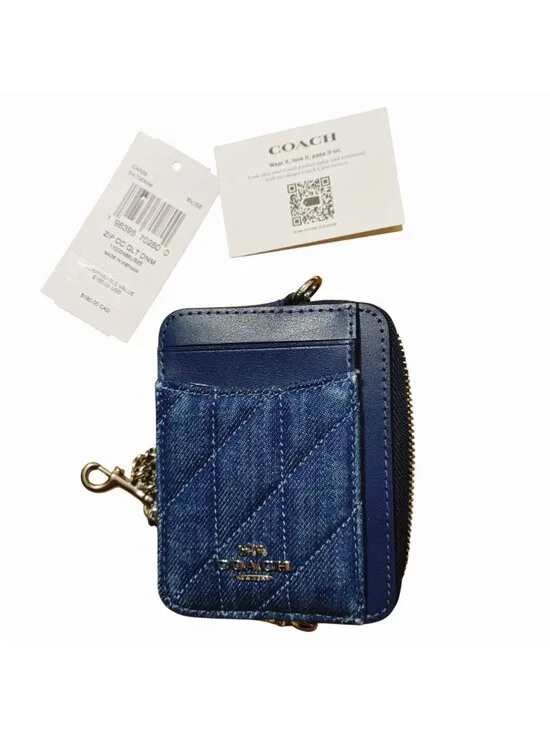 Coach Denim Blue Quilted Smooth Leather Zip Closure Wallet Chain Card Slots Silv - Picture 3 of 13